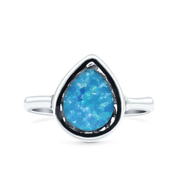Petite Dainty Pear Lab Created Blue Opal Ring Solid Oxidized 925 Sterling Silver